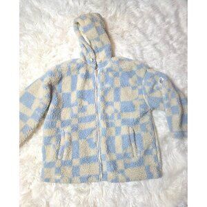 Womens Blue And White Plaid Fleece Jacket Casual Fuzzy Shacket Fall Winter Warm